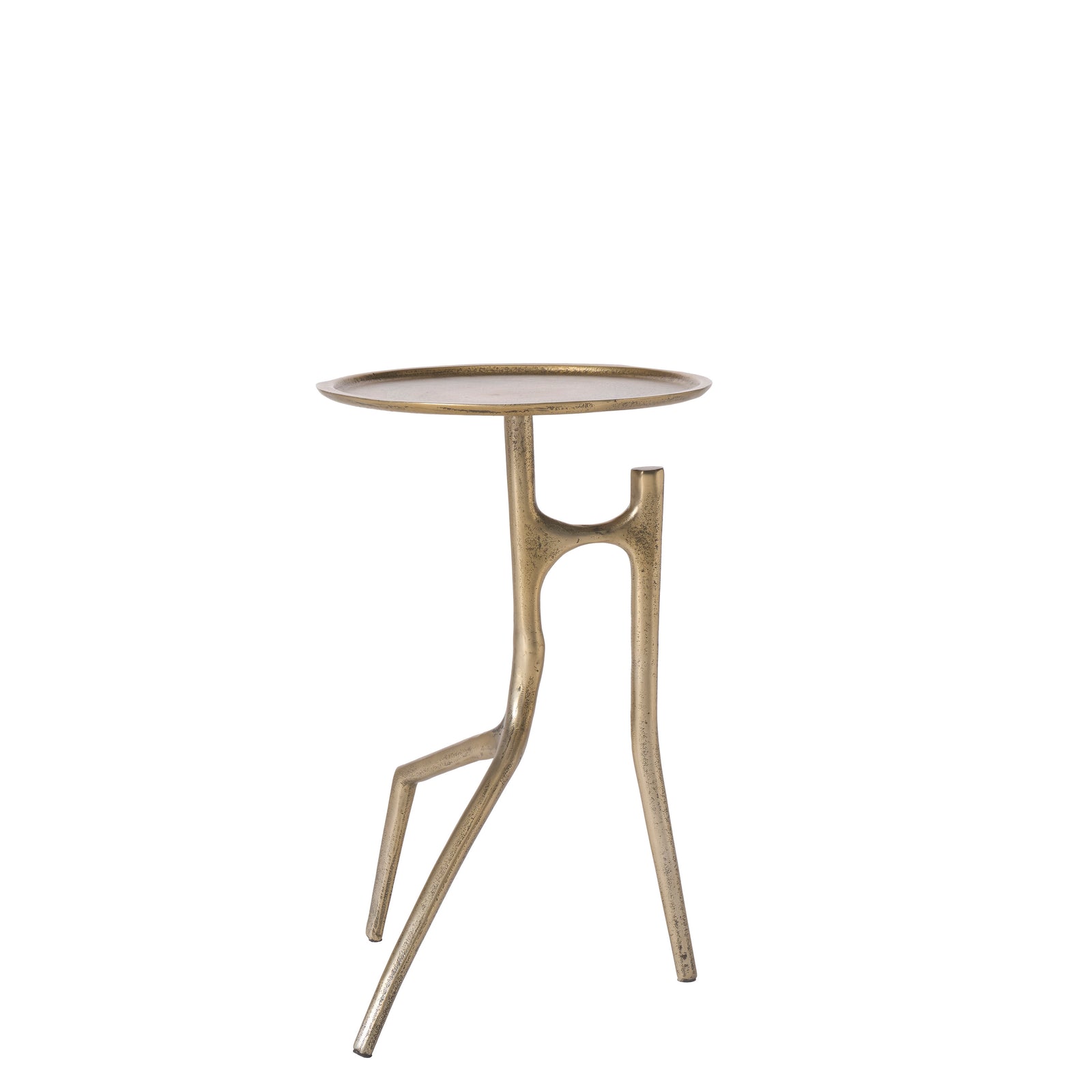 Tosca table by Renwil, featuring a round top and unique leg design in a gold finish.