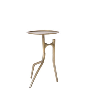 Tosca table by Renwil, showcasing a gold-finished round top and artistic leg structure.