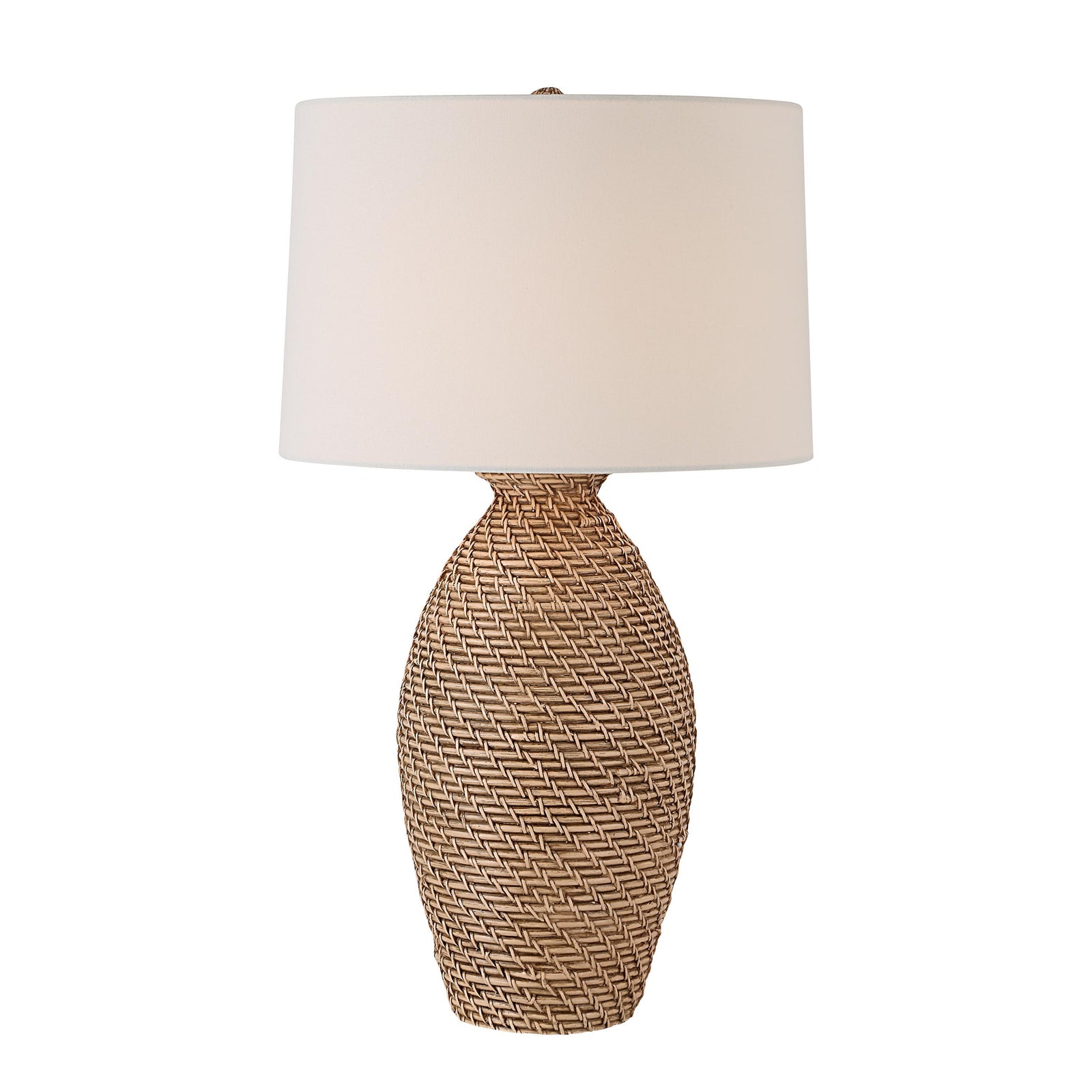 Santal Table Lamp by Renwil with a woven brown base and white fabric shade