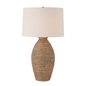 Santal Table Lamp by Renwil featuring a textured brown woven base and white shade