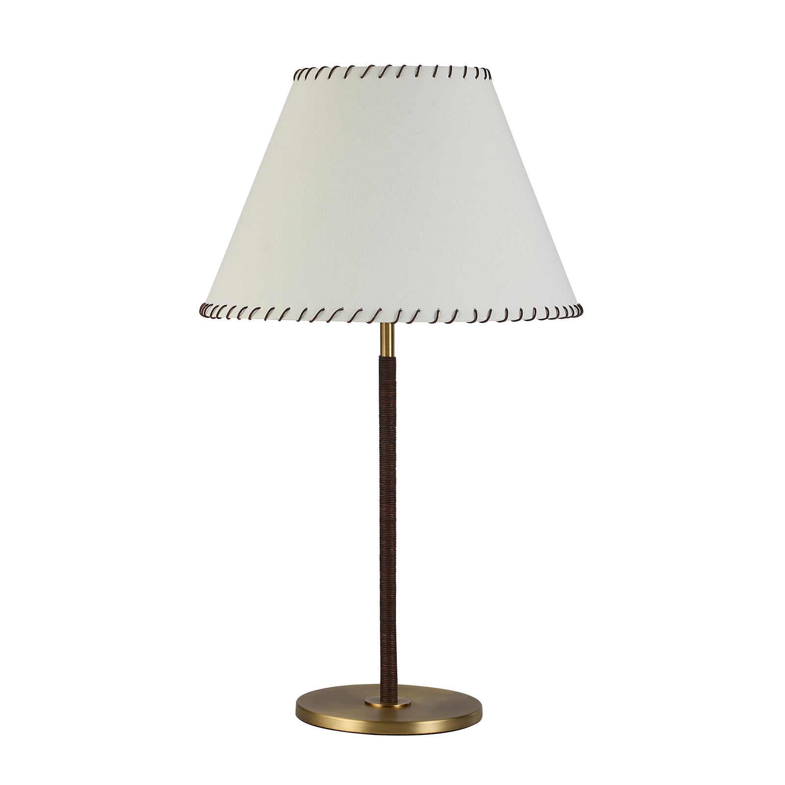 Camelia Table Lamp with white shade and brown woven base, featuring a gold metal stand.