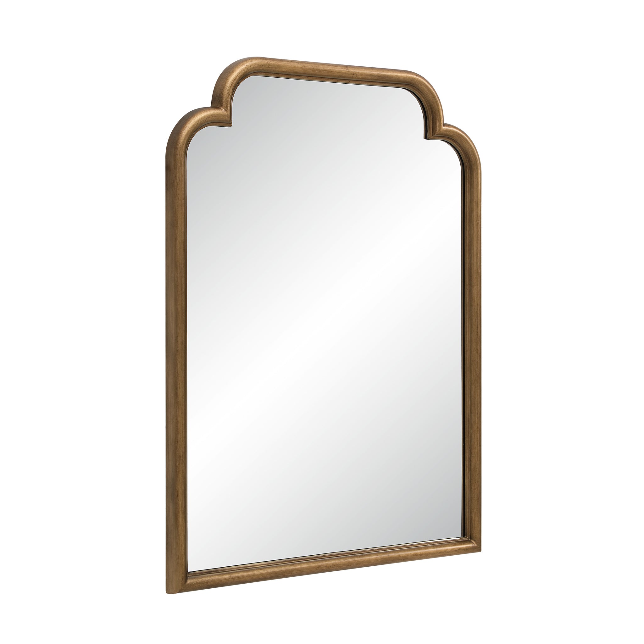 Emilien mirror featuring a gold-toned frame with an arched design, angled view.