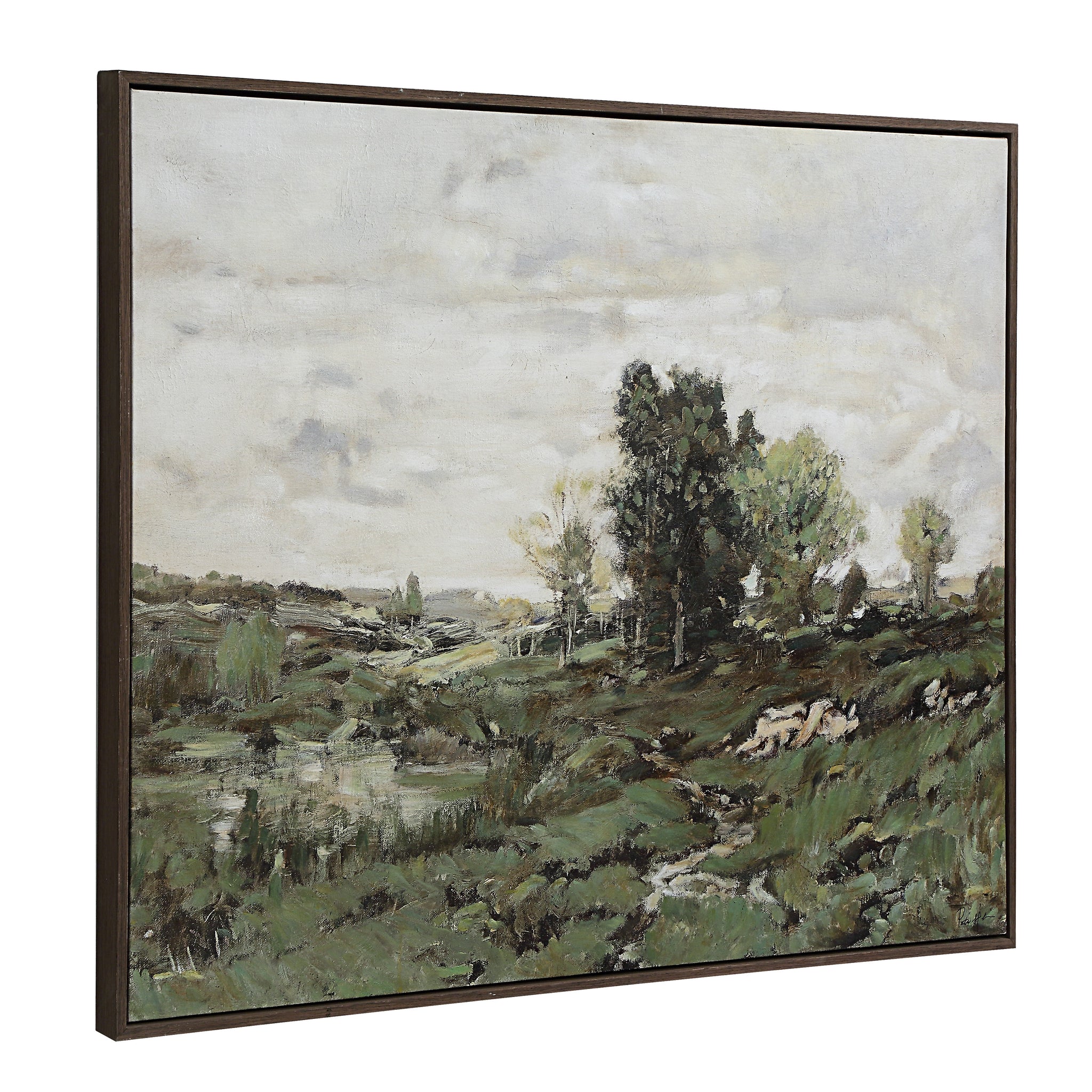 Nature canvas art by Renwil showcasing a tranquil scene with greenery and a cloudy sky.
