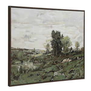 Nature canvas art by Renwil showcasing a tranquil scene with greenery and a cloudy sky.